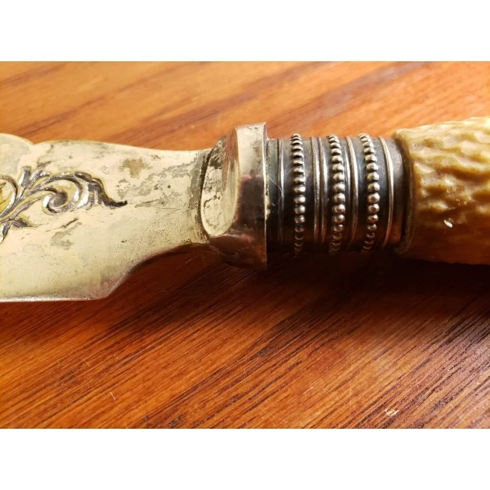 Antique Edwardian Scroll Fish Serving Knife Silver Plate Bone Handle 1900s